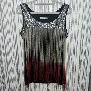 Black tank top with silver sequin detail, red and white fringe. Size large